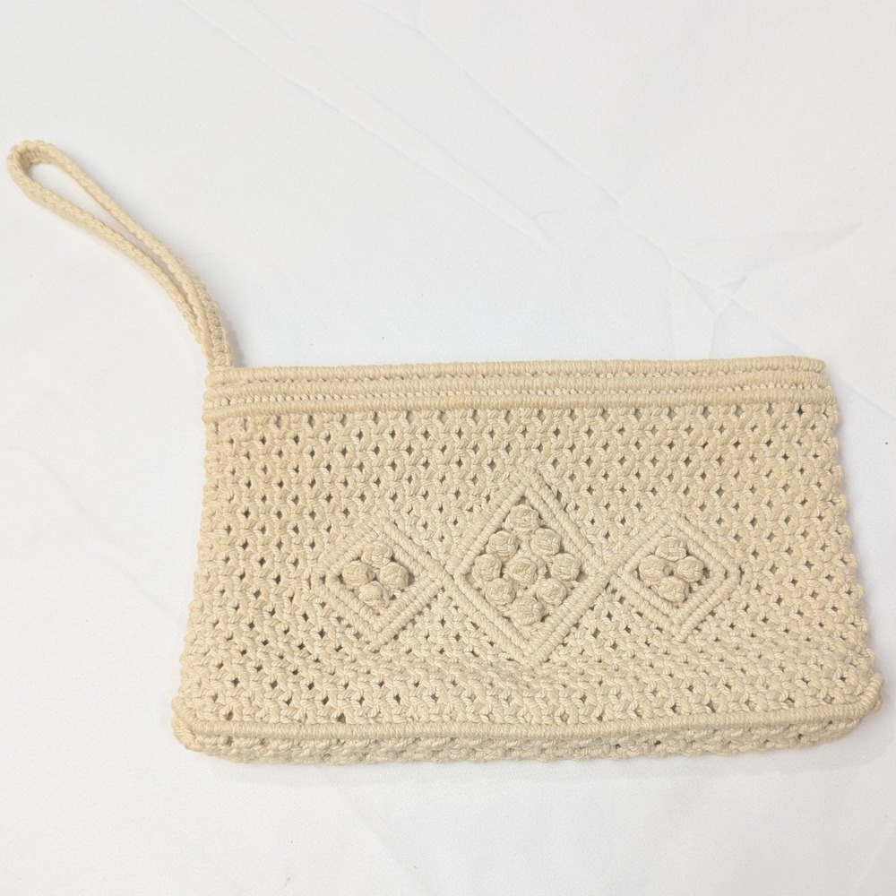 Vintage Macrame Clutch Bag Cream Boho Diamond Pattern Small